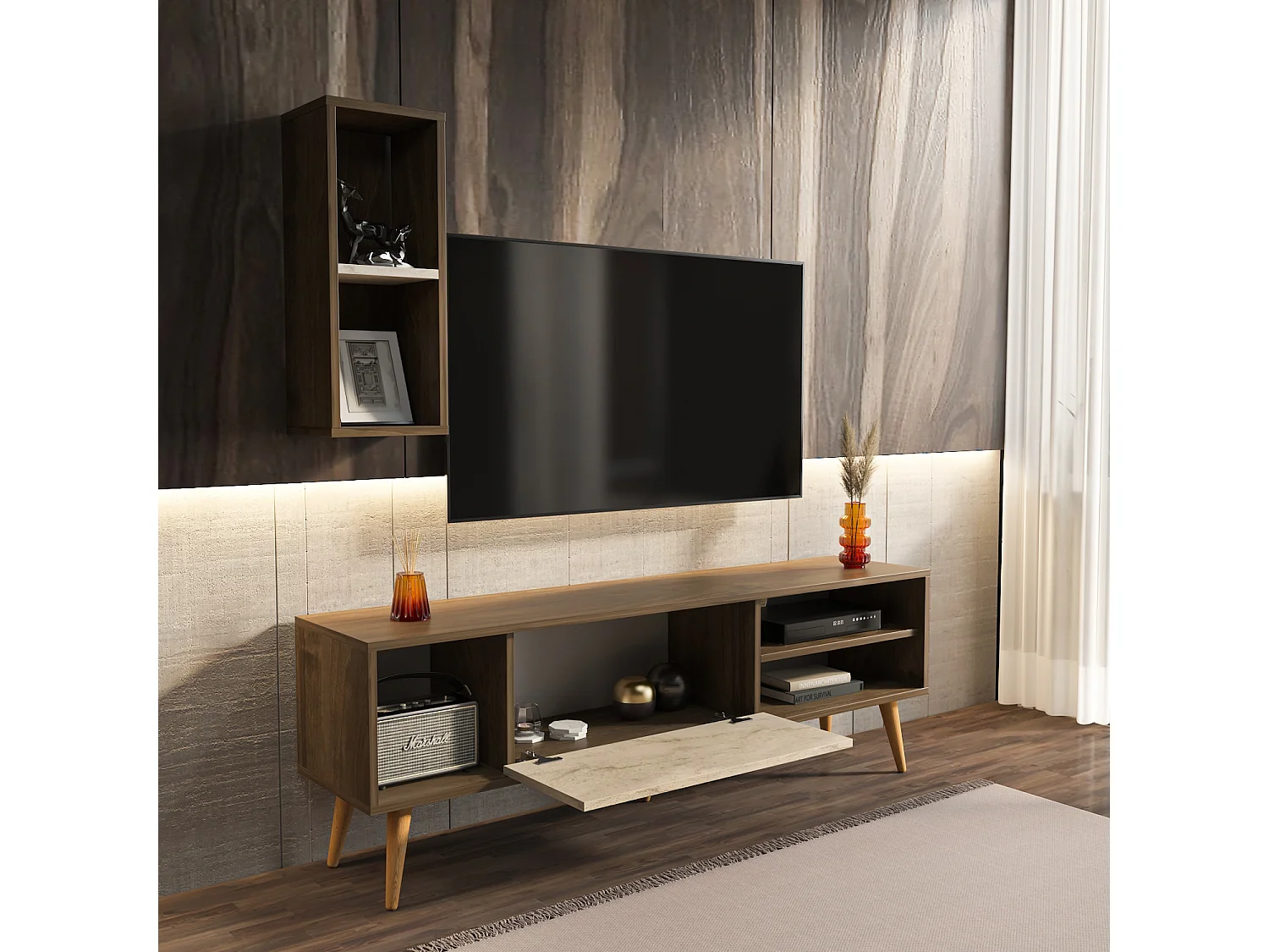 Rans Meuble TV | Banc TV | Rangement | Etagère Murale Incluse (Noyer et Traverter)