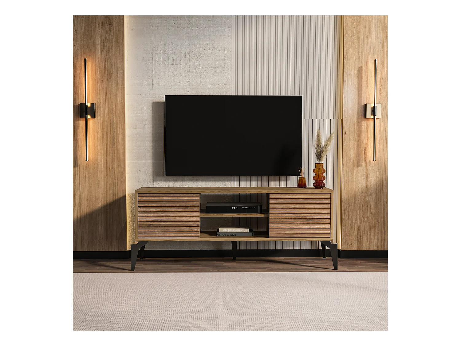 Lojo Meuble TV 130 cm Niches et Armoires avec Portes Battantes (Oud et Alina)