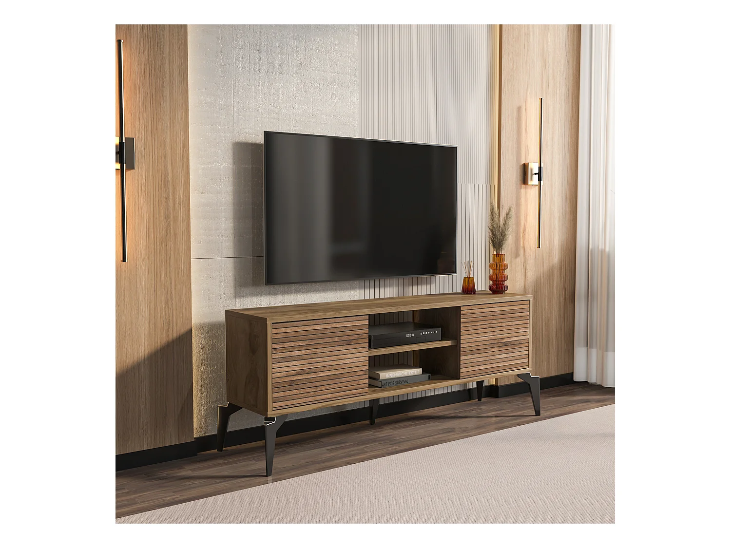 Lojo Meuble TV 130 cm Niches et Armoires avec Portes Battantes (Oud et Alina)