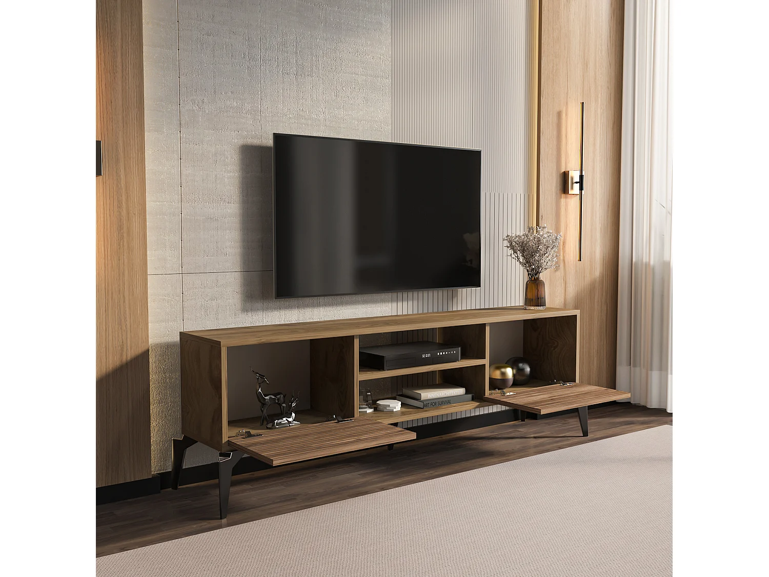 Lojo Meuble TV 160 cm Niches et Armoires avec Portes Battantes (Oud et Alina)