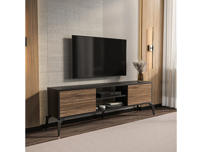 Lojo Meuble TV 160 cm Niches et Armoires avec Portes Battantes (Noir et Alina)