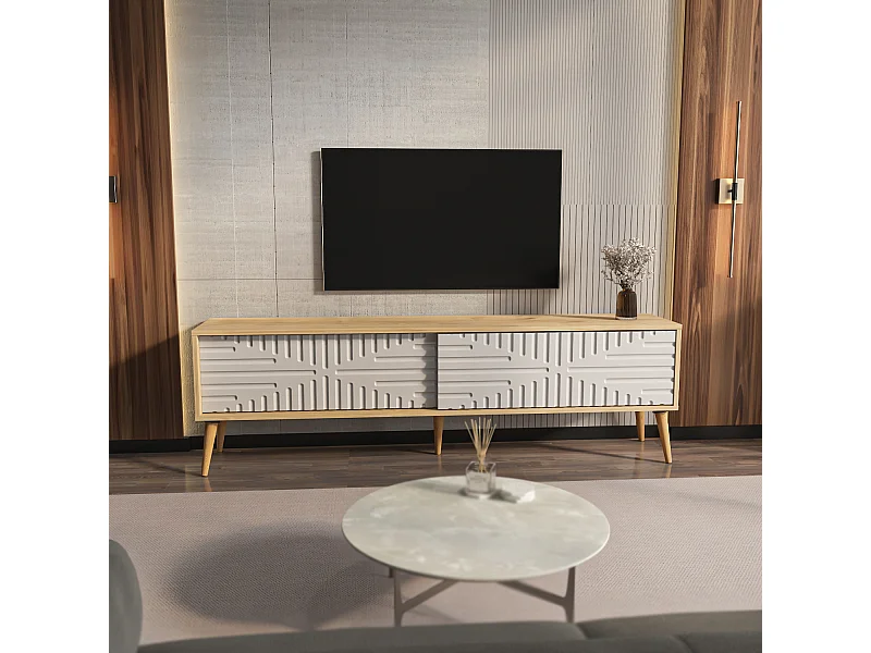 Riso Meuble TV 180 cm Portes en MDF Coulissantes (Chêne et Blanc)