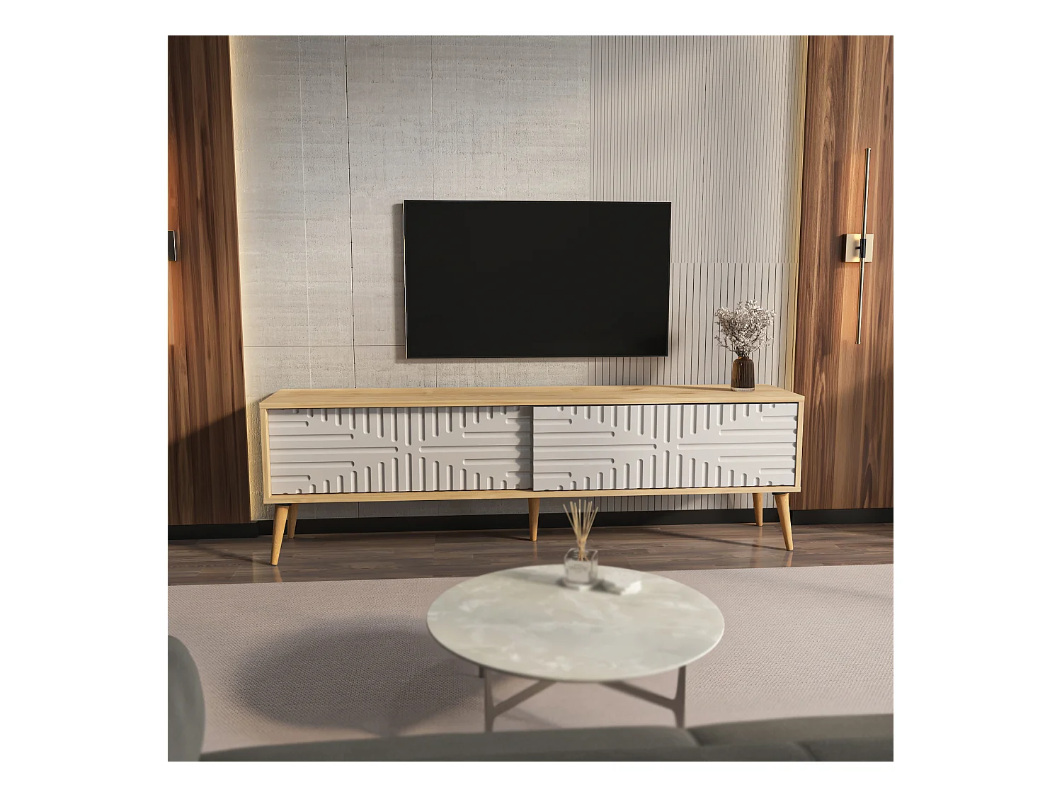 Riso Meuble TV 180 cm Portes en MDF Coulissantes (Chêne et Blanc)