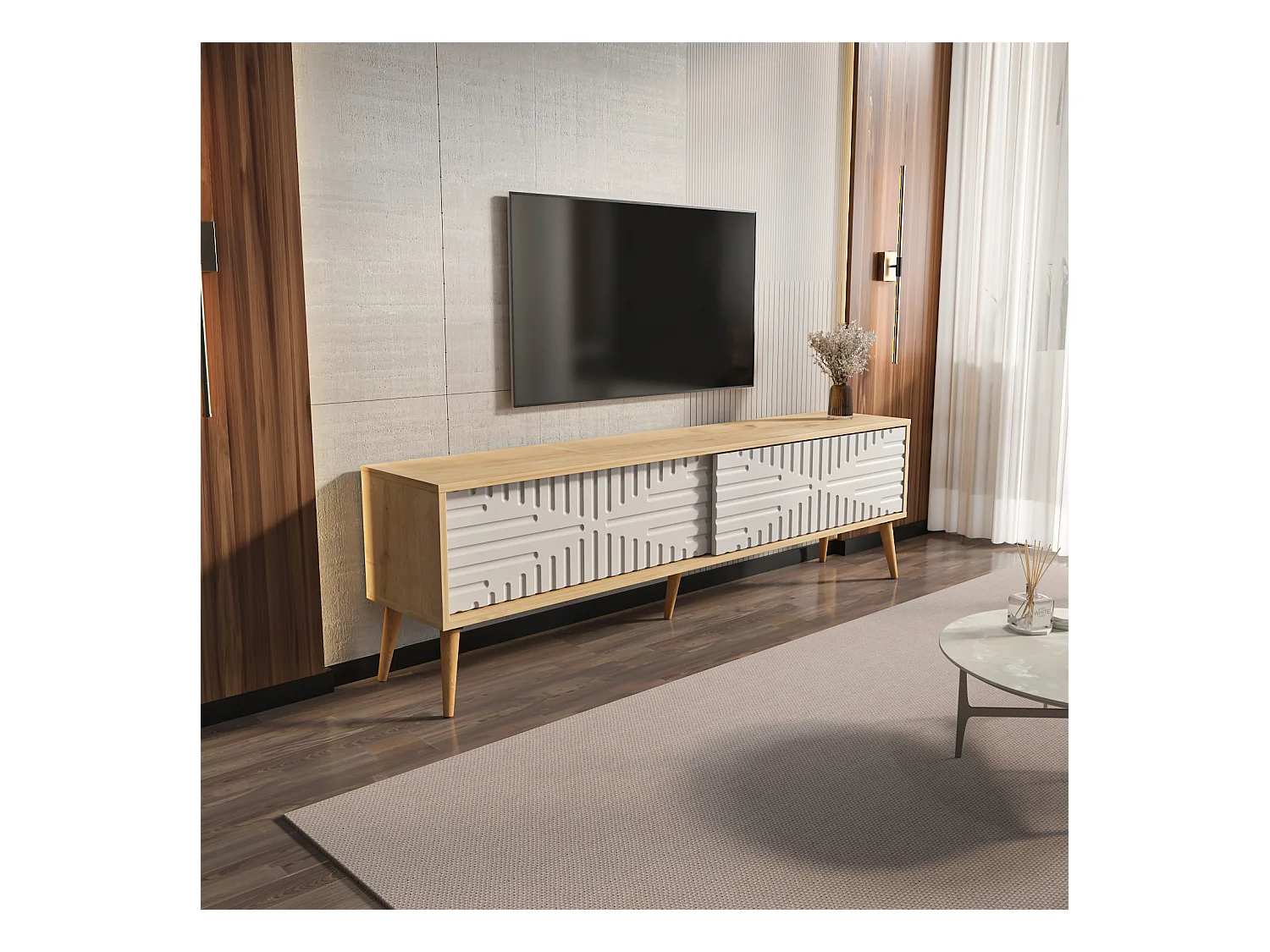 Riso Meuble TV 180 cm Portes en MDF Coulissantes (Chêne et Blanc)