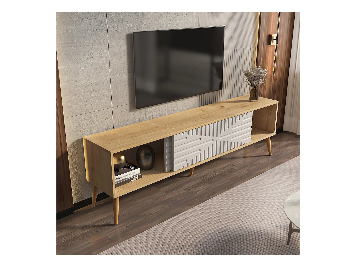 Riso Meuble TV 180 cm Portes en MDF Coulissantes (Chêne et Blanc)