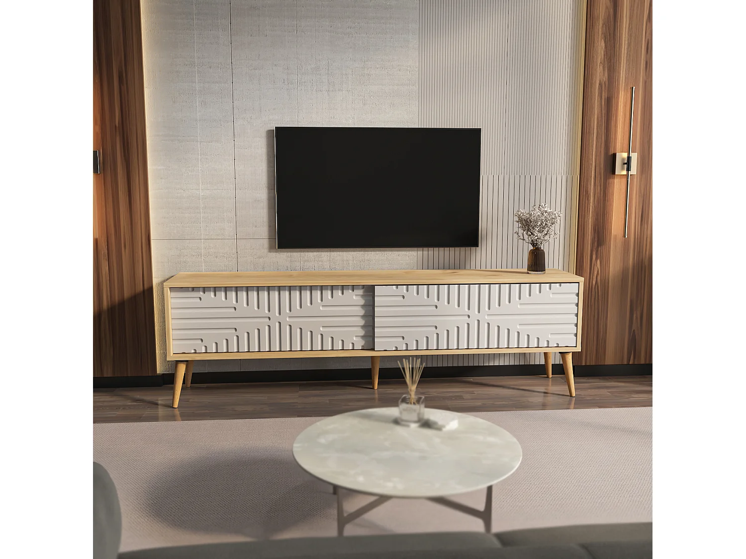 Decorotika Modern Riso TV Unit for TVs up to 81 inches with MDF Sliding Doors