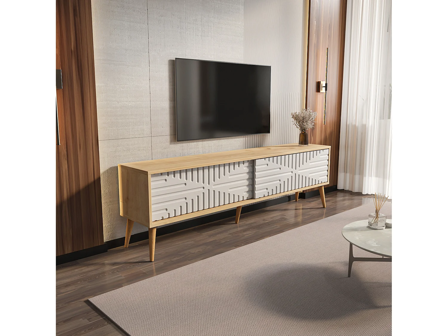Decorotika Modern Riso TV Unit for TVs up to 81 inches with MDF Sliding Doors