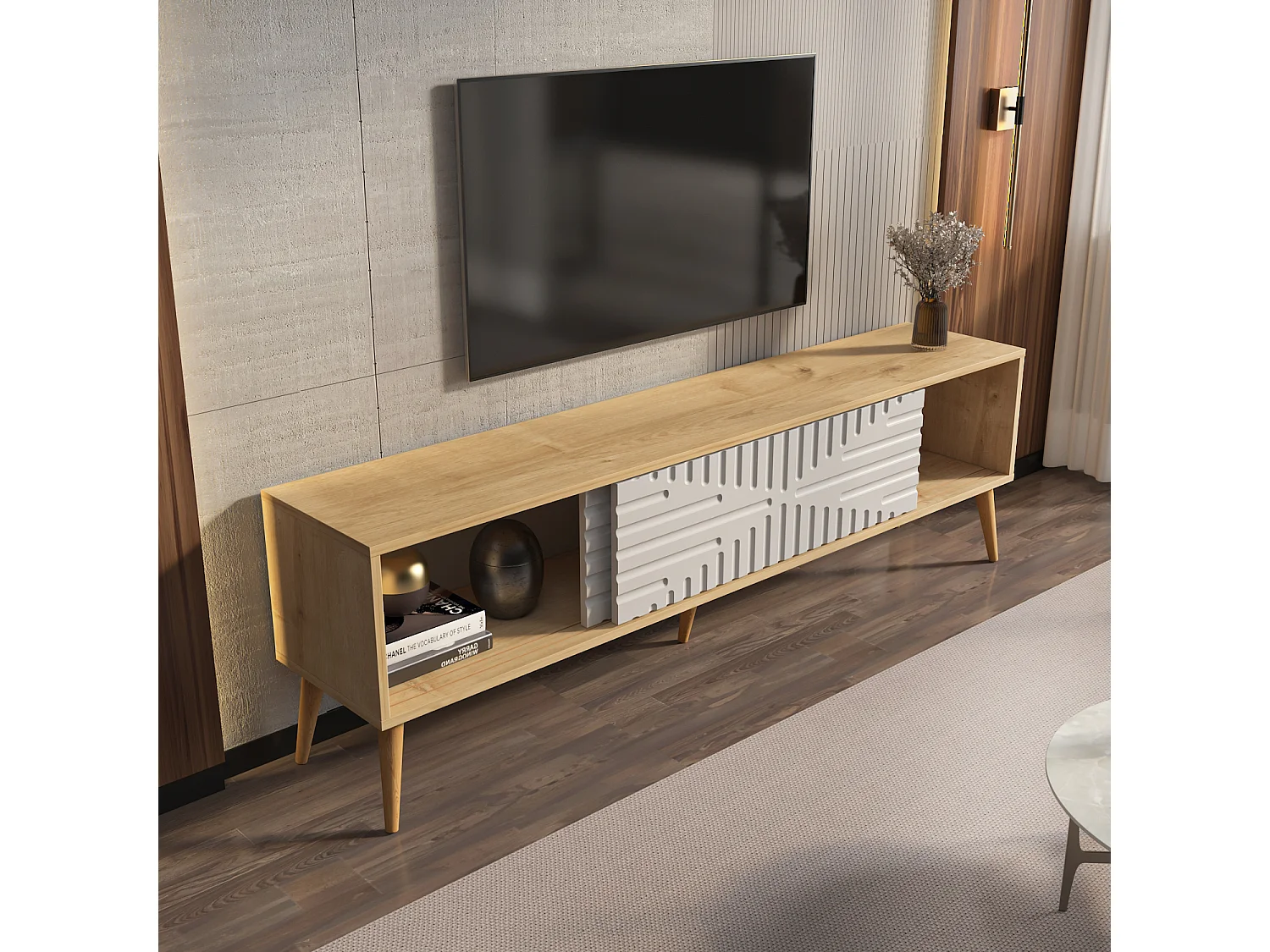 Decorotika Modern Riso TV Unit for TVs up to 81 inches with MDF Sliding Doors