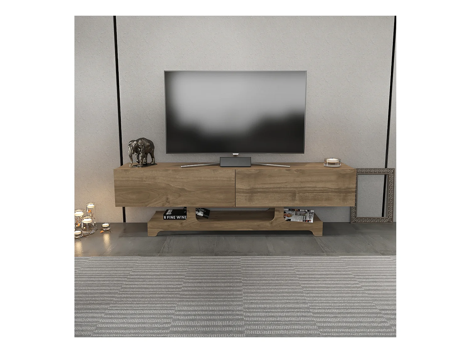 Tera Meuble TV 160 cm Design Unique avec Placard Battans (Noyer)