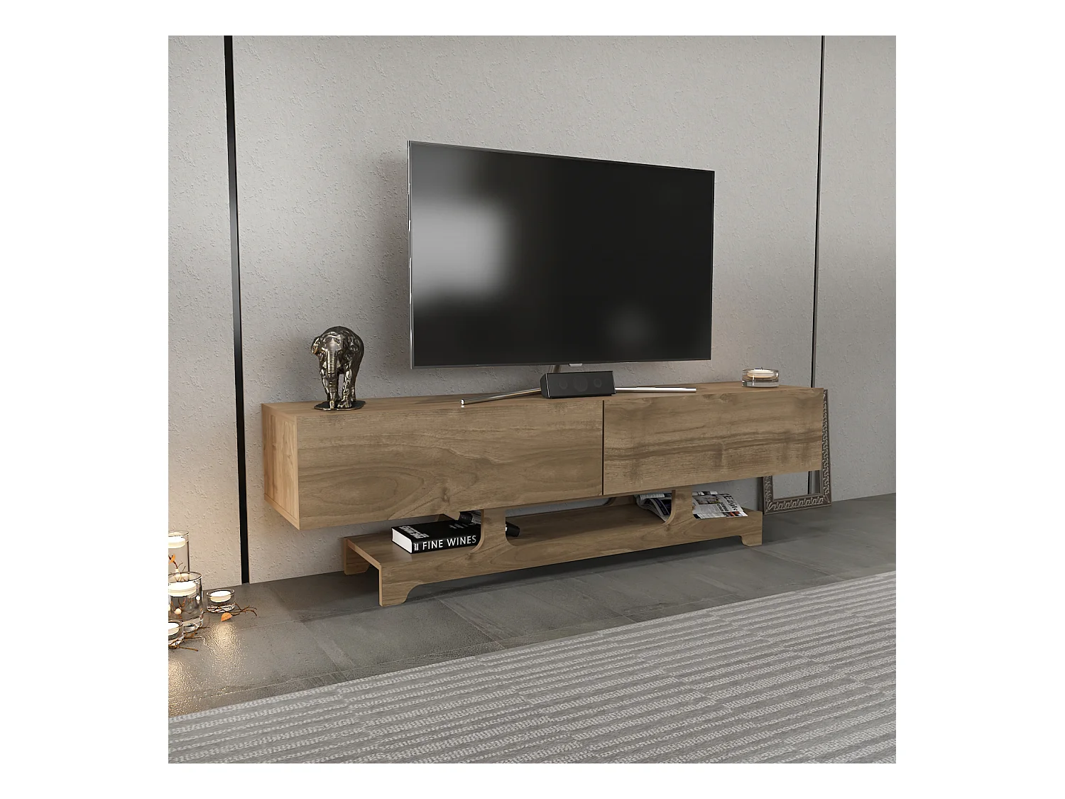Tera Meuble TV 160 cm Design Unique avec Placard Battans (Noyer)