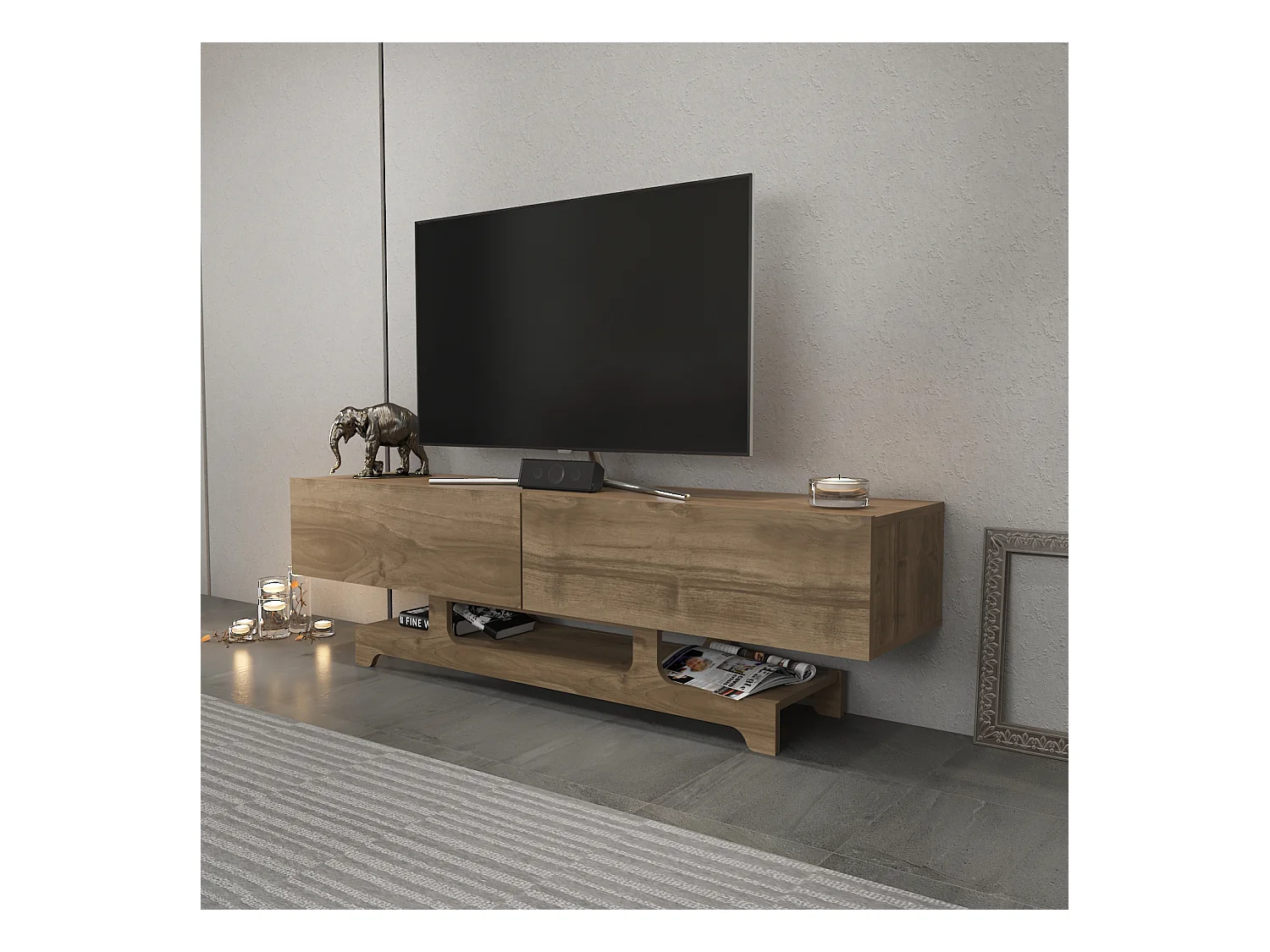 Tera Meuble TV 160 cm Design Unique avec Placard Battans (Noyer)