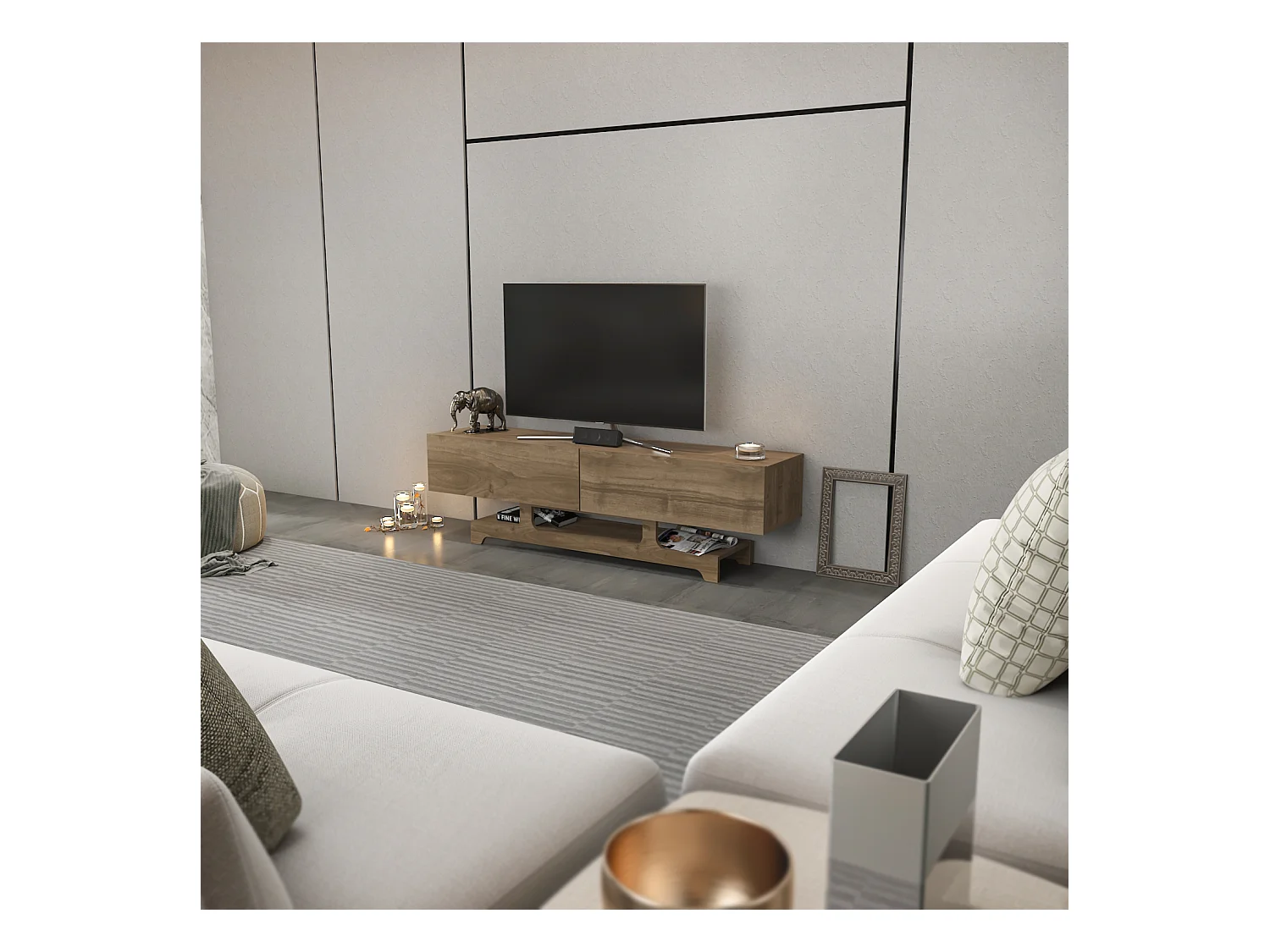 Tera Meuble TV 160 cm Design Unique avec Placard Battans (Noyer)