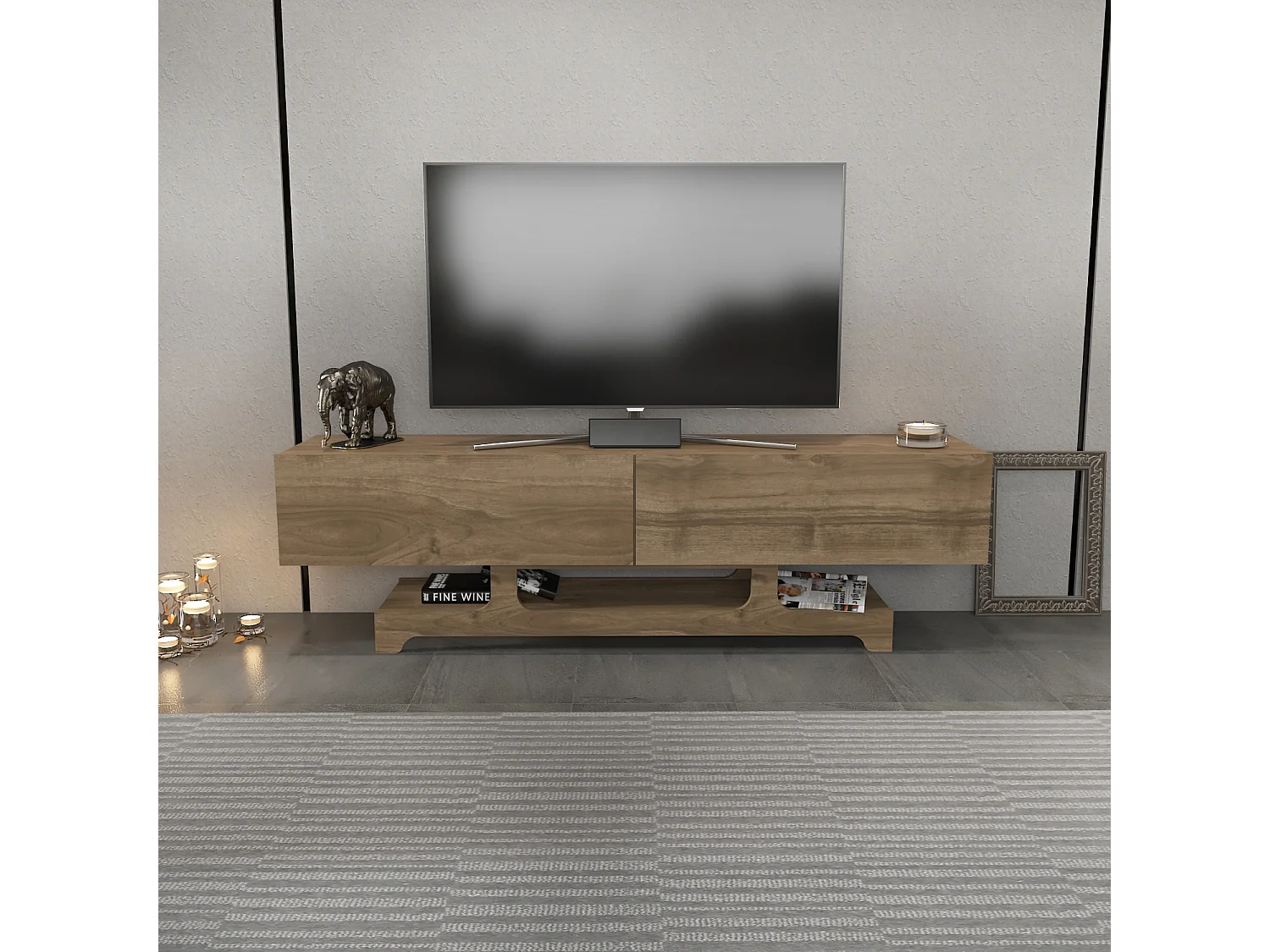 Tera Meuble TV 160 cm Design Unique avec Placard Battans (Noyer)