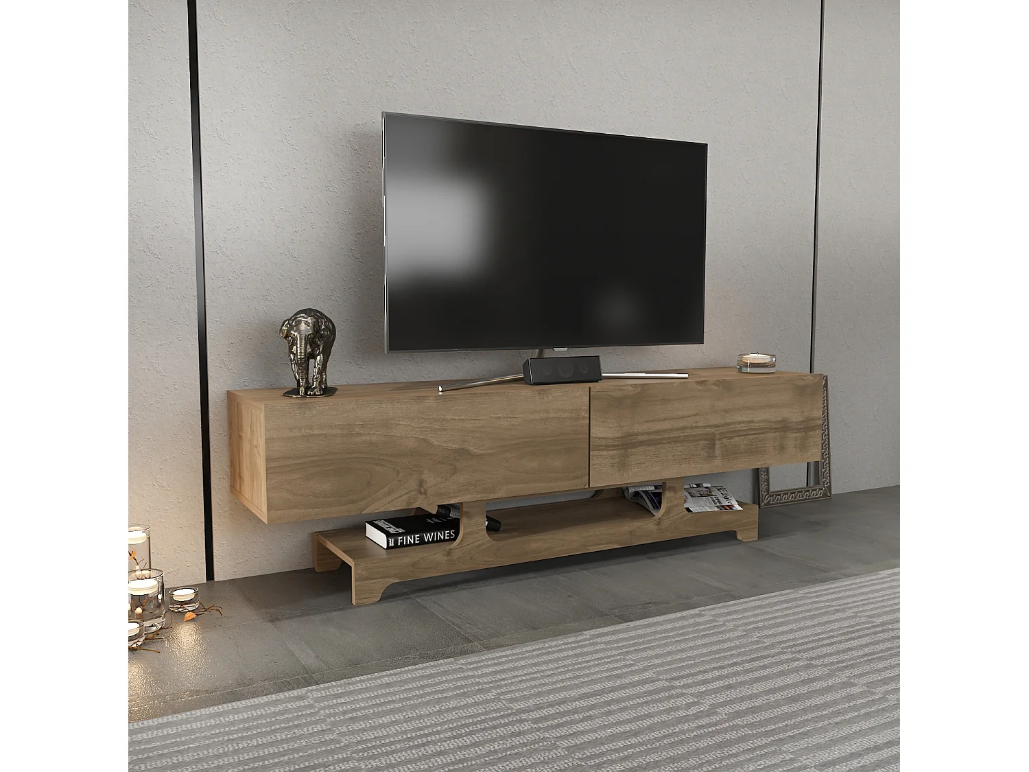 Tera Meuble TV 160 cm Design Unique avec Placard Battans (Noyer)