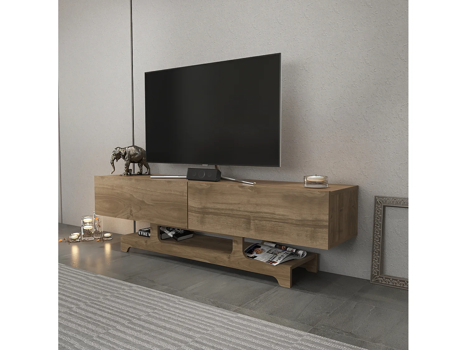 Tera Meuble TV 160 cm Design Unique avec Placard Battans (Noyer)