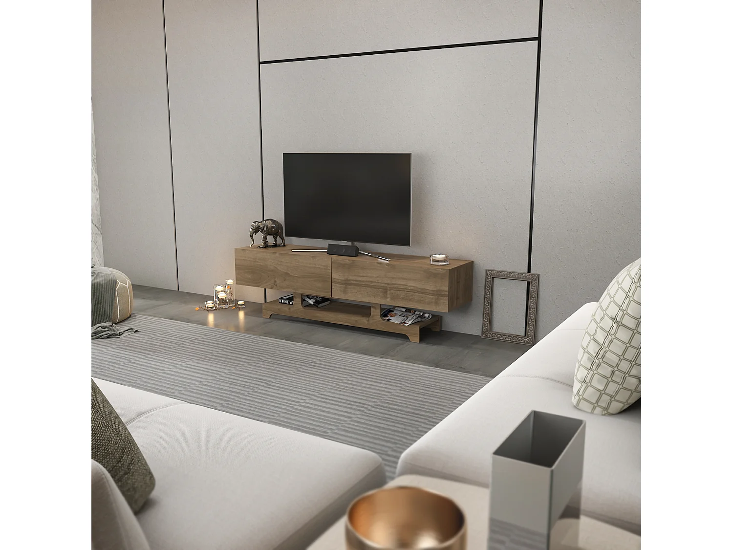 Tera Meuble TV 160 cm Design Unique avec Placard Battans (Noyer)