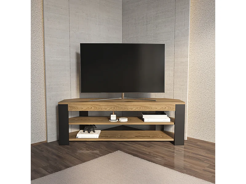 Rita Meuble TV d'angle 120 cm Niches Étagères ouvertes 2 Niveaux (Oud et Noir)