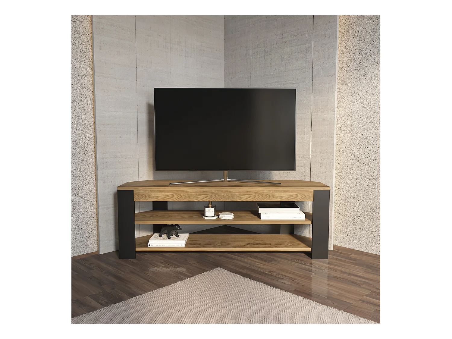 Rita Meuble TV d'angle 120 cm Niches Étagères ouvertes 2 Niveaux (Oud et Noir)