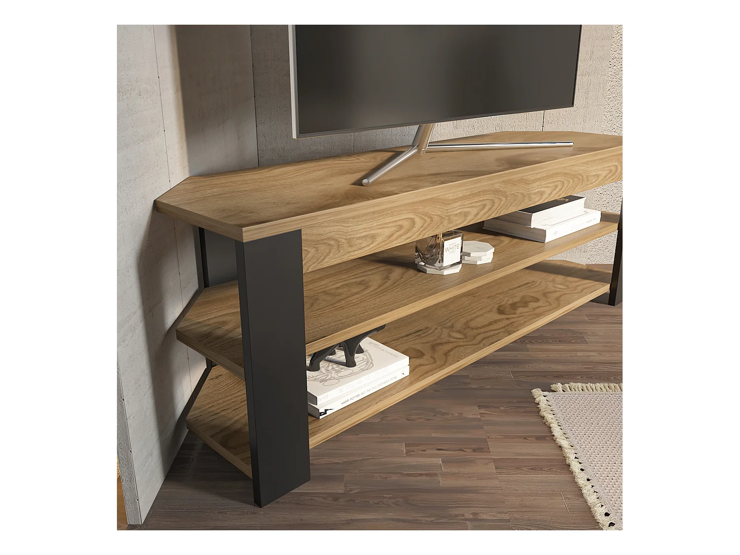 Rita Meuble TV d'angle 120 cm Niches Étagères ouvertes 2 Niveaux (Oud et Noir)