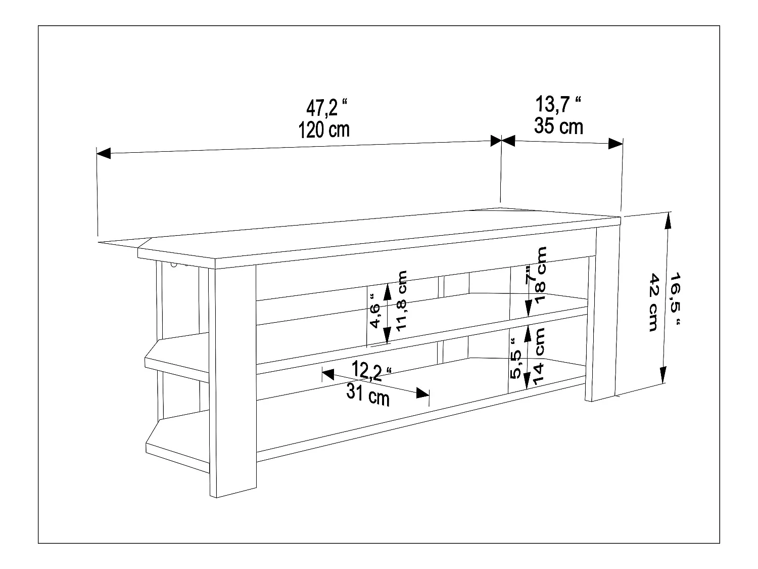 Rita Meuble TV d'angle 120 cm Niches Étagères ouvertes 2 Niveaux (Oud et Noir)