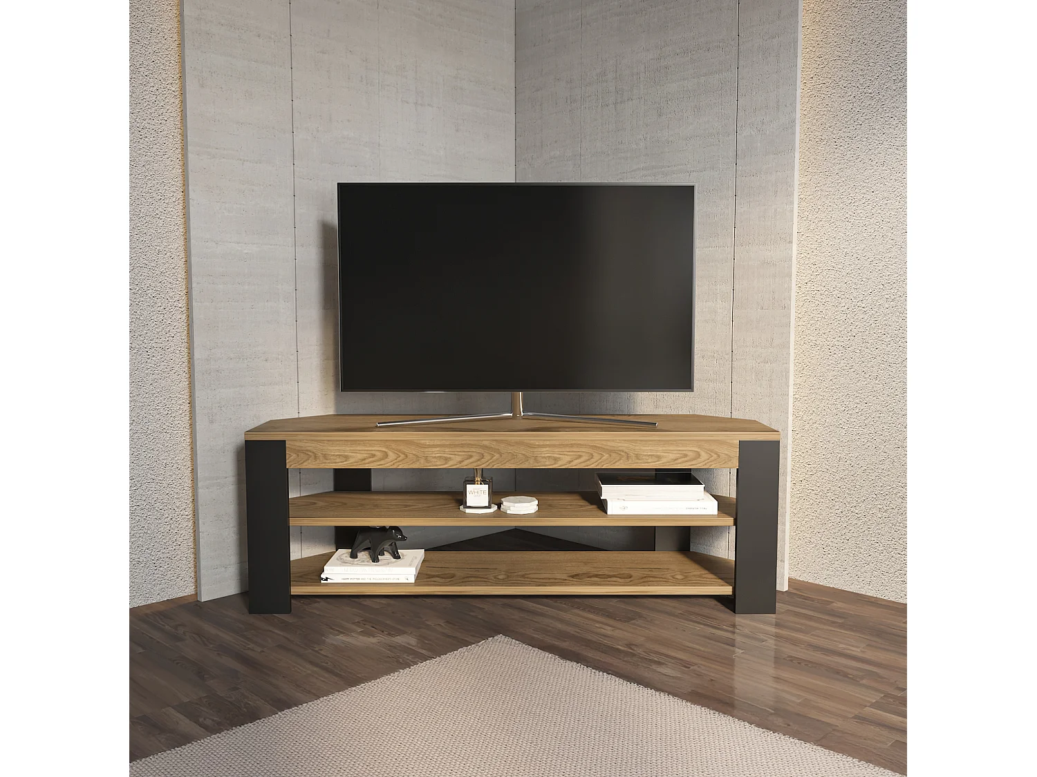 Rita Meuble TV d'angle 120 cm Niches Étagères ouvertes 2 Niveaux (Oud et Noir)