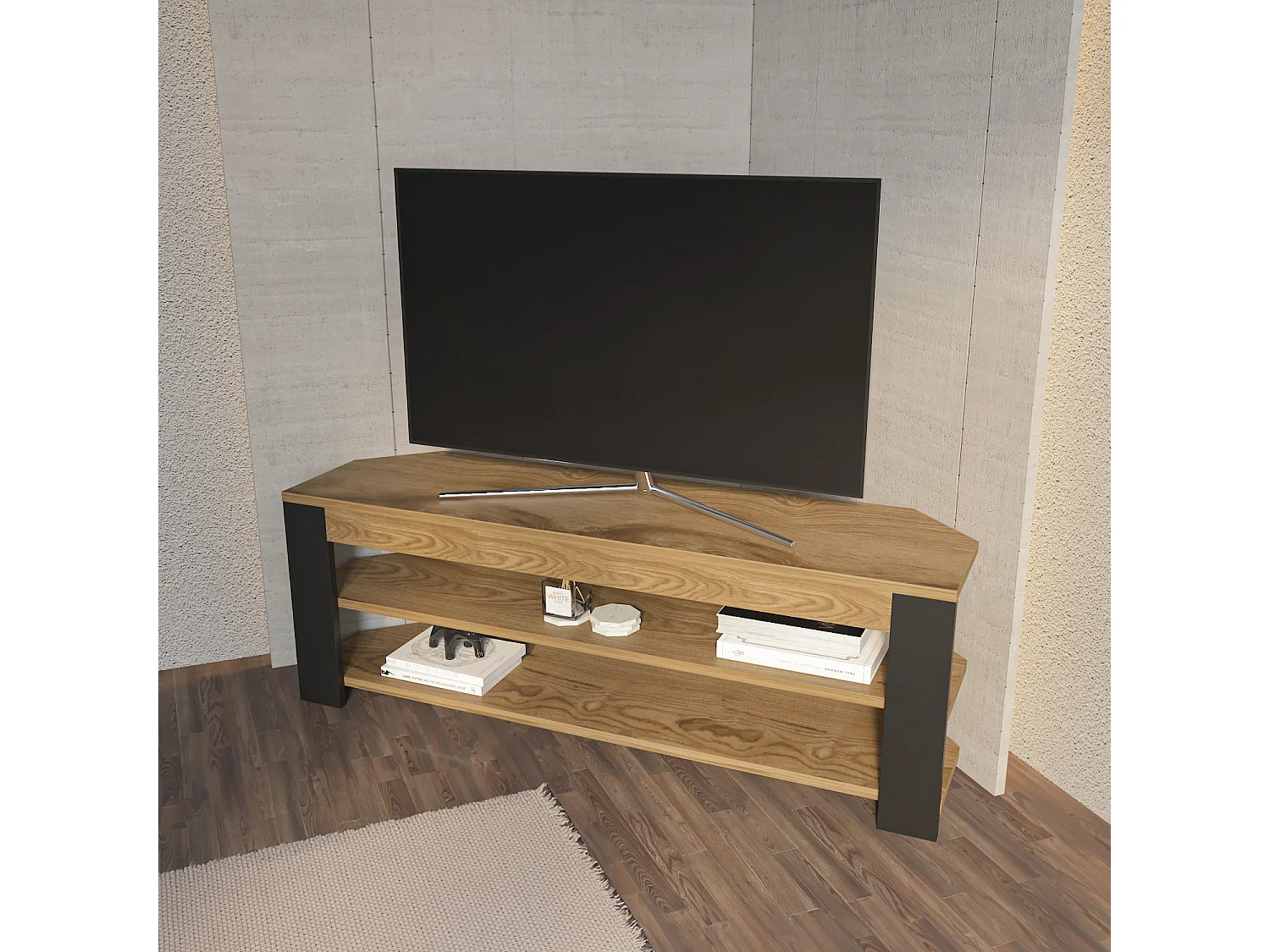 Rita Meuble TV d'angle 120 cm Niches Étagères ouvertes 2 Niveaux (Oud et Noir)