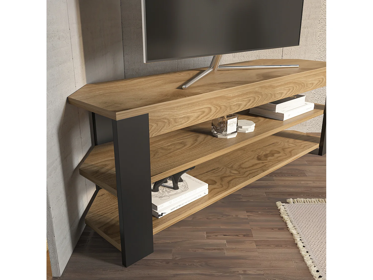Rita Meuble TV d'angle 120 cm Niches Étagères ouvertes 2 Niveaux (Oud et Noir)