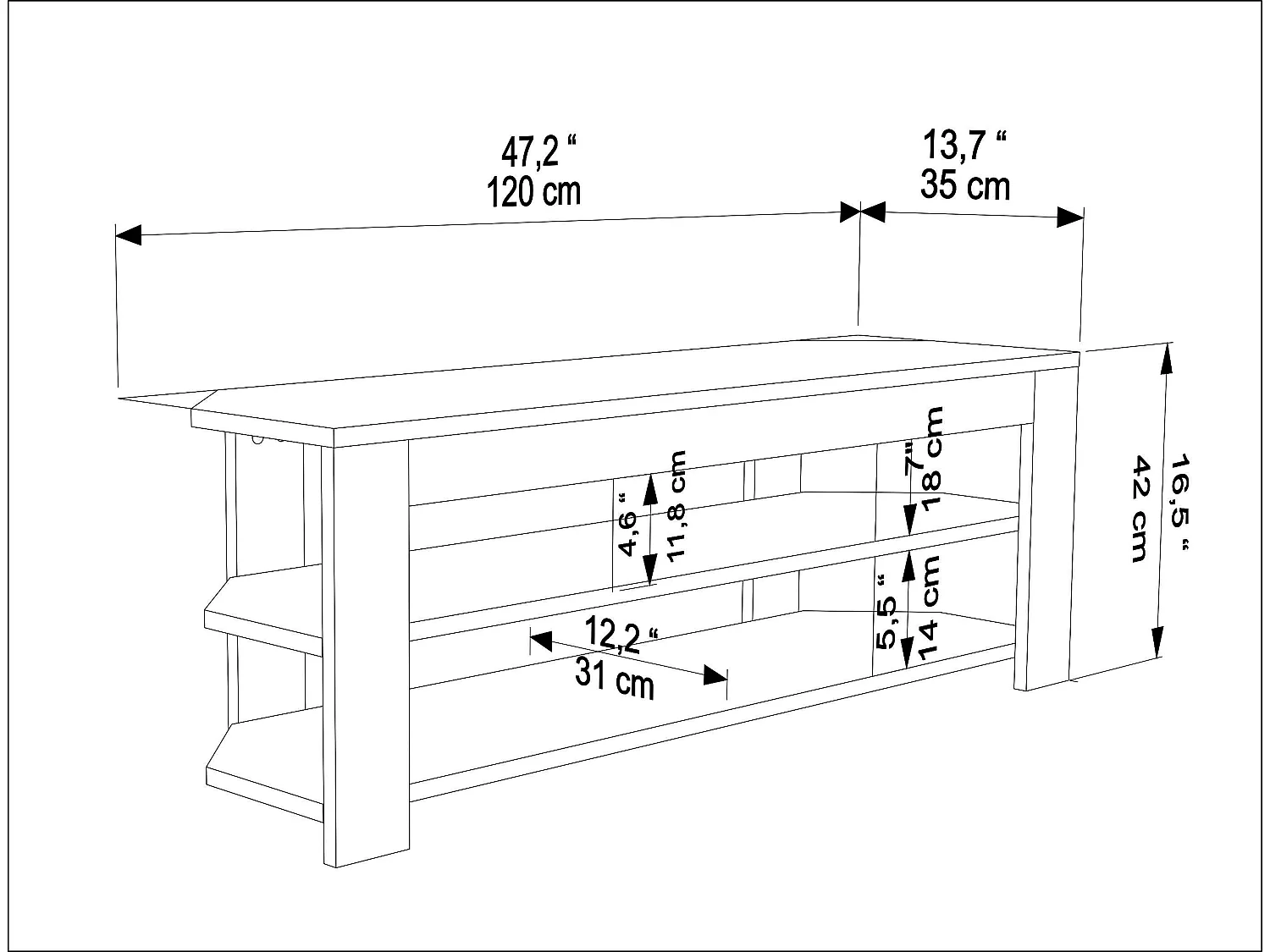 Rita Meuble TV d'angle 120 cm Niches Étagères ouvertes 2 Niveaux (Oud et Noir)