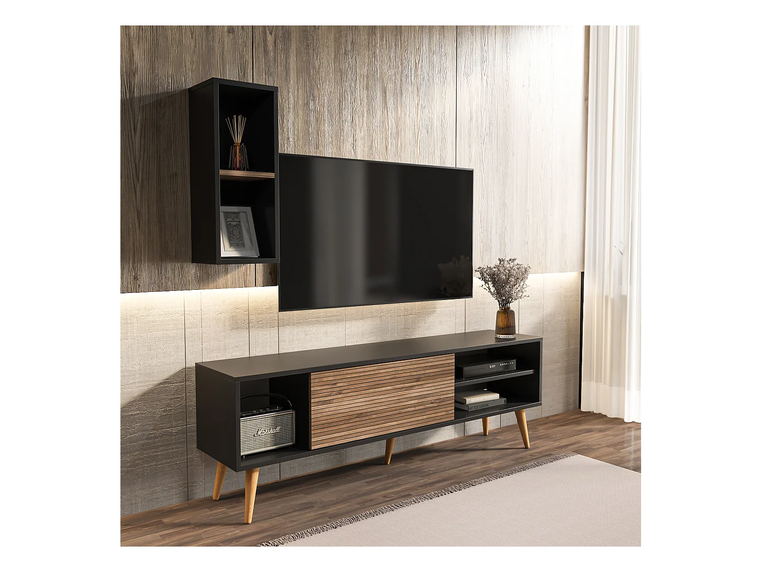 Rans Meuble TV | Banc TV | Rangement | Etagère Murale Incluse (Noir et Alina)