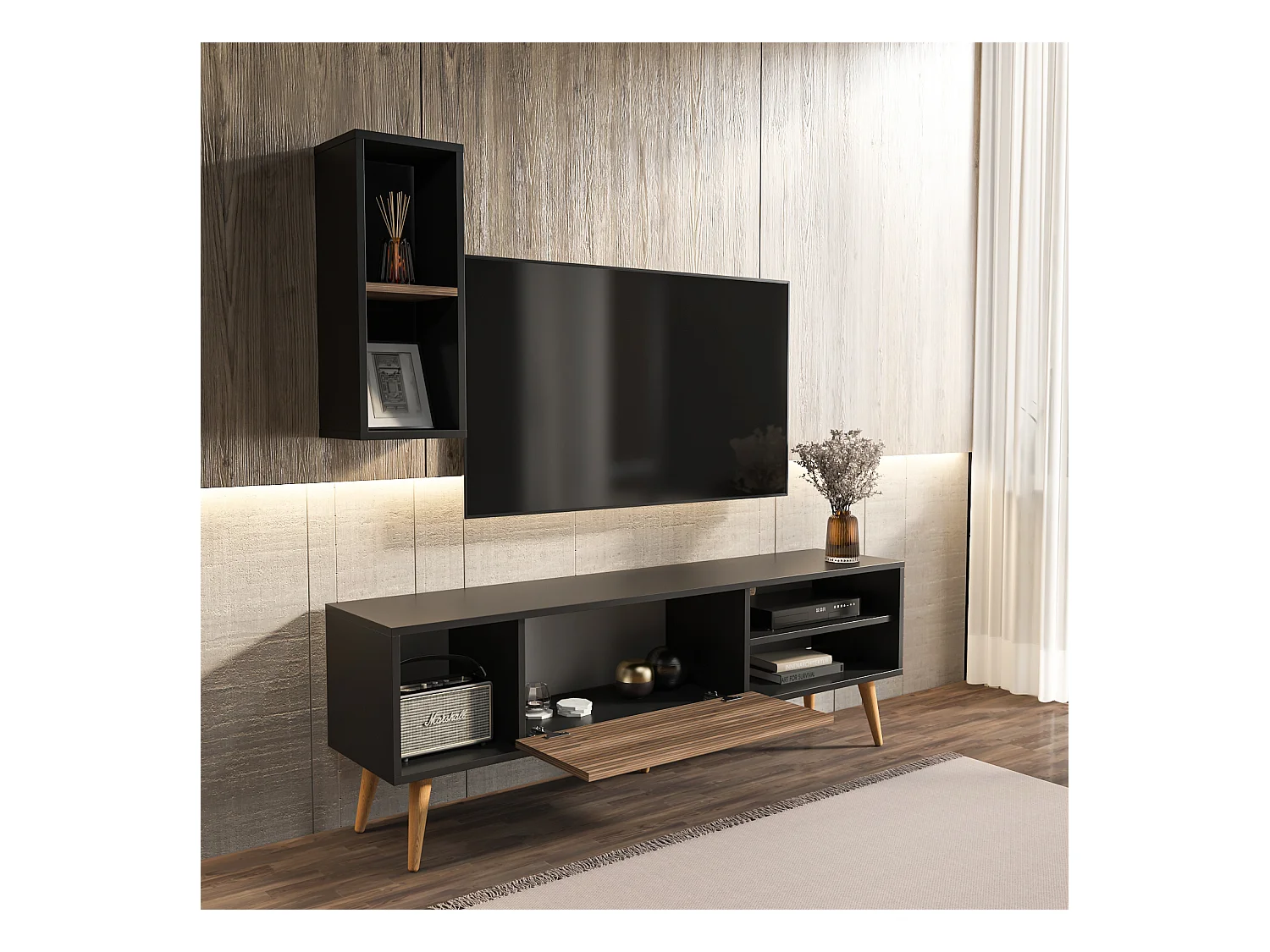 Rans Meuble TV | Banc TV | Rangement | Etagère Murale Incluse (Noir et Alina)