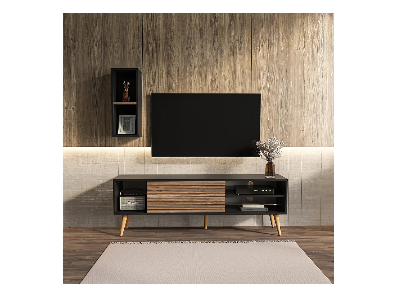 Rans Meuble TV | Banc TV | Rangement | Etagère Murale Incluse (Noir et Alina)