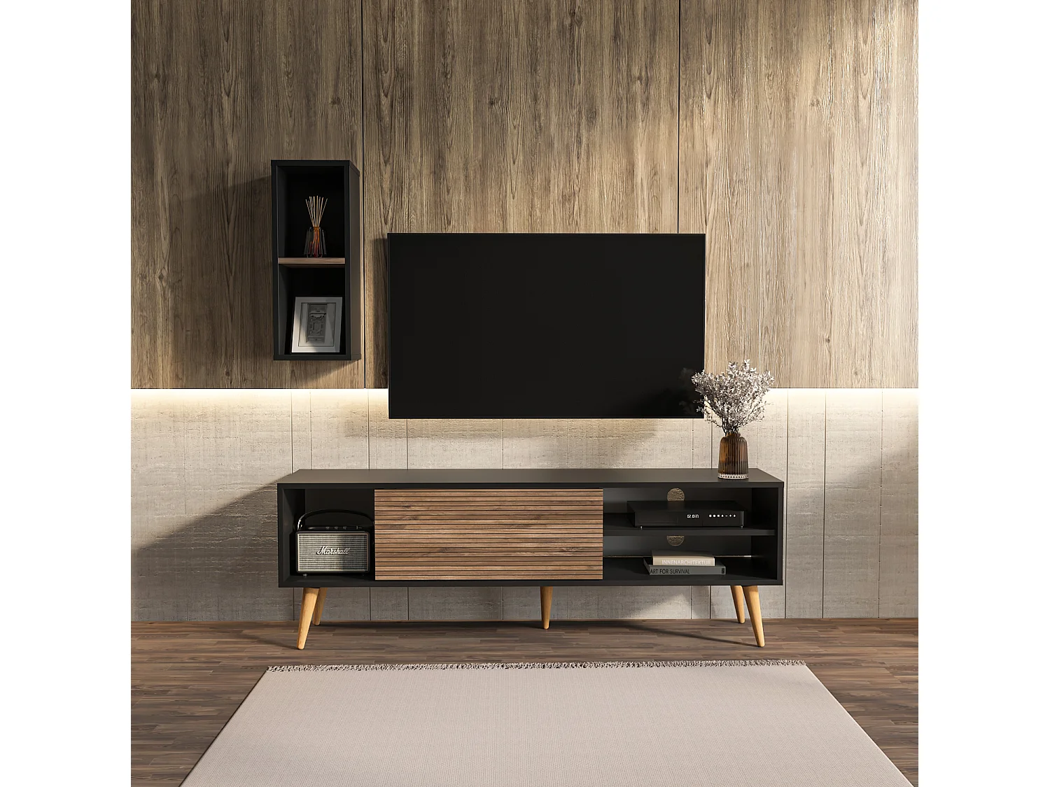 Rans Meuble TV | Banc TV | Rangement | Etagère Murale Incluse (Noir et Alina)