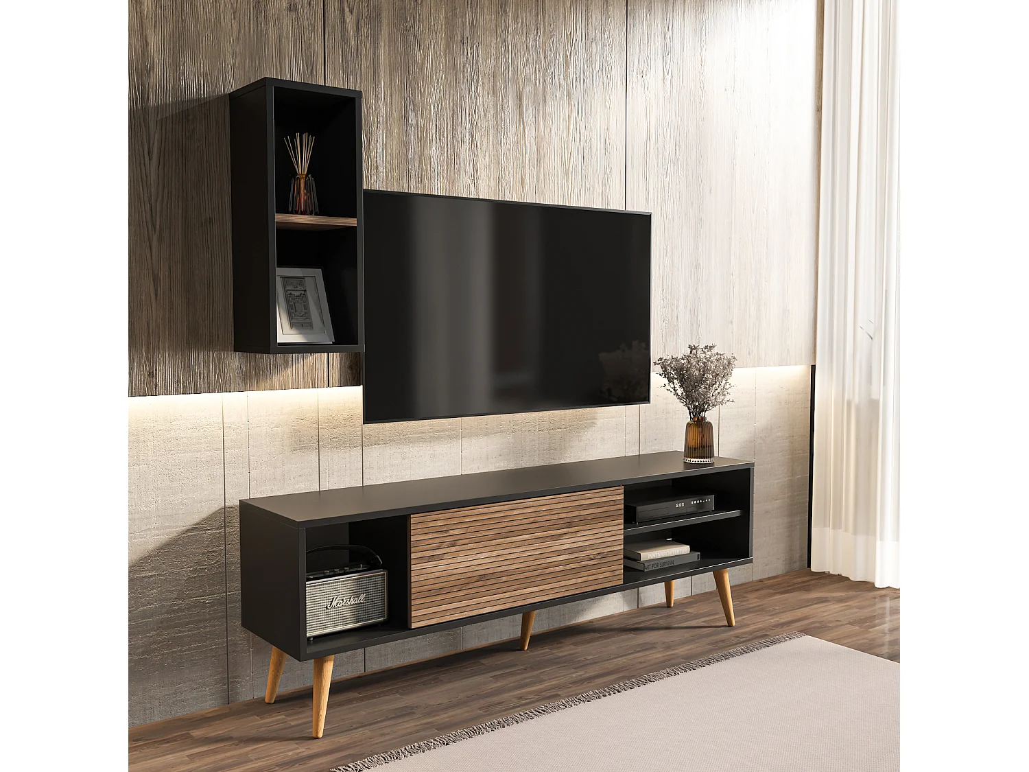 Rans Meuble TV | Banc TV | Rangement | Etagère Murale Incluse (Noir et Alina)