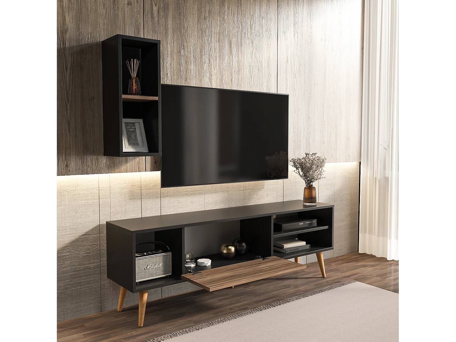 Rans Meuble TV | Banc TV | Rangement | Etagère Murale Incluse (Noir et Alina)