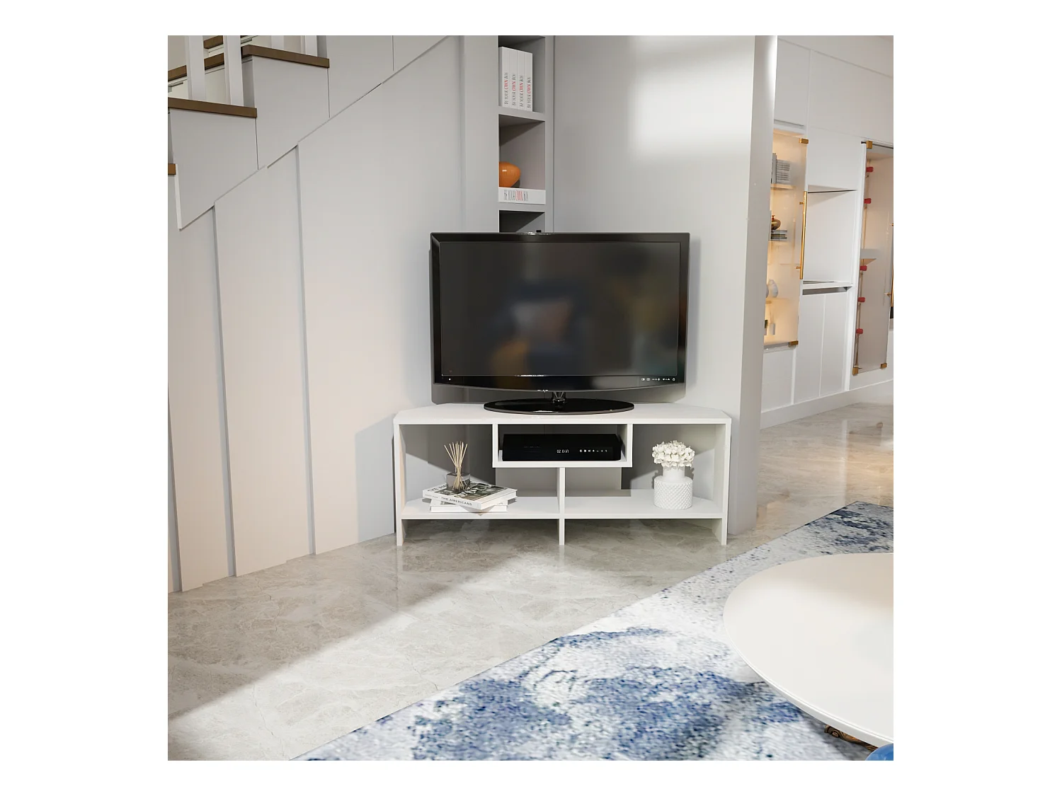 Maldiv Meuble TV d'angle 120 cm Niches Design (Blanc)