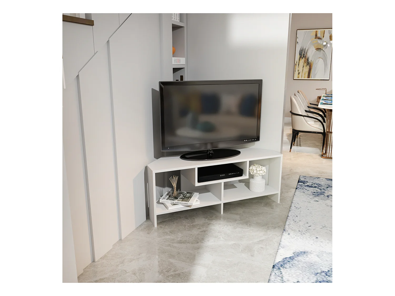 Maldiv Meuble TV d'angle 120 cm Niches Design (Blanc)