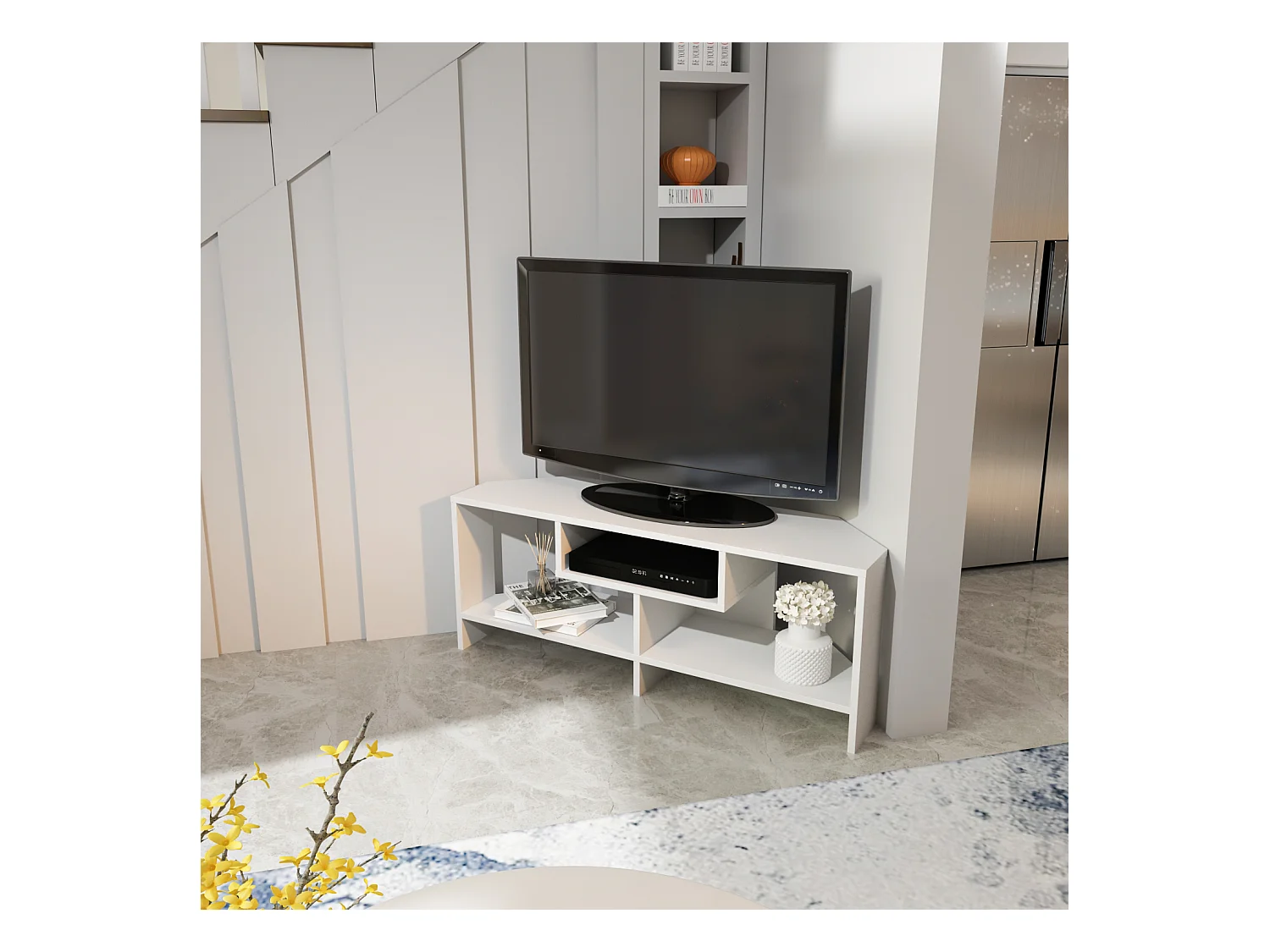 Maldiv Meuble TV d'angle 120 cm Niches Design (Blanc)