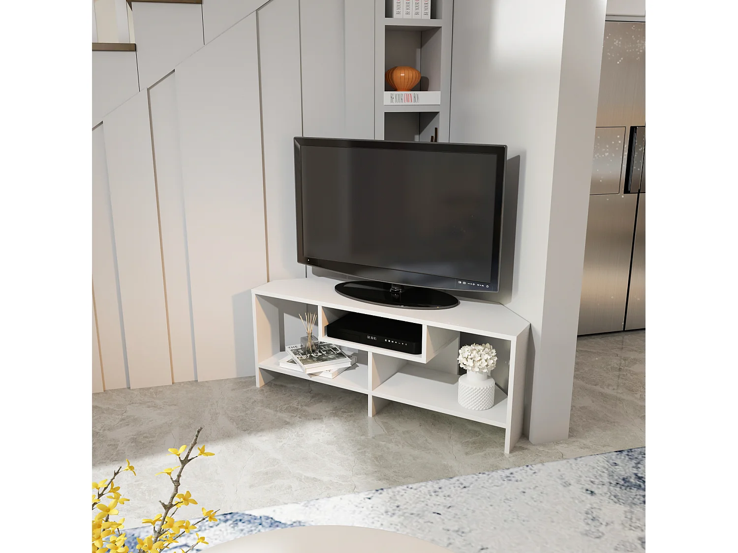 Maldiv Meuble TV d'angle 120 cm Niches Design (Blanc)