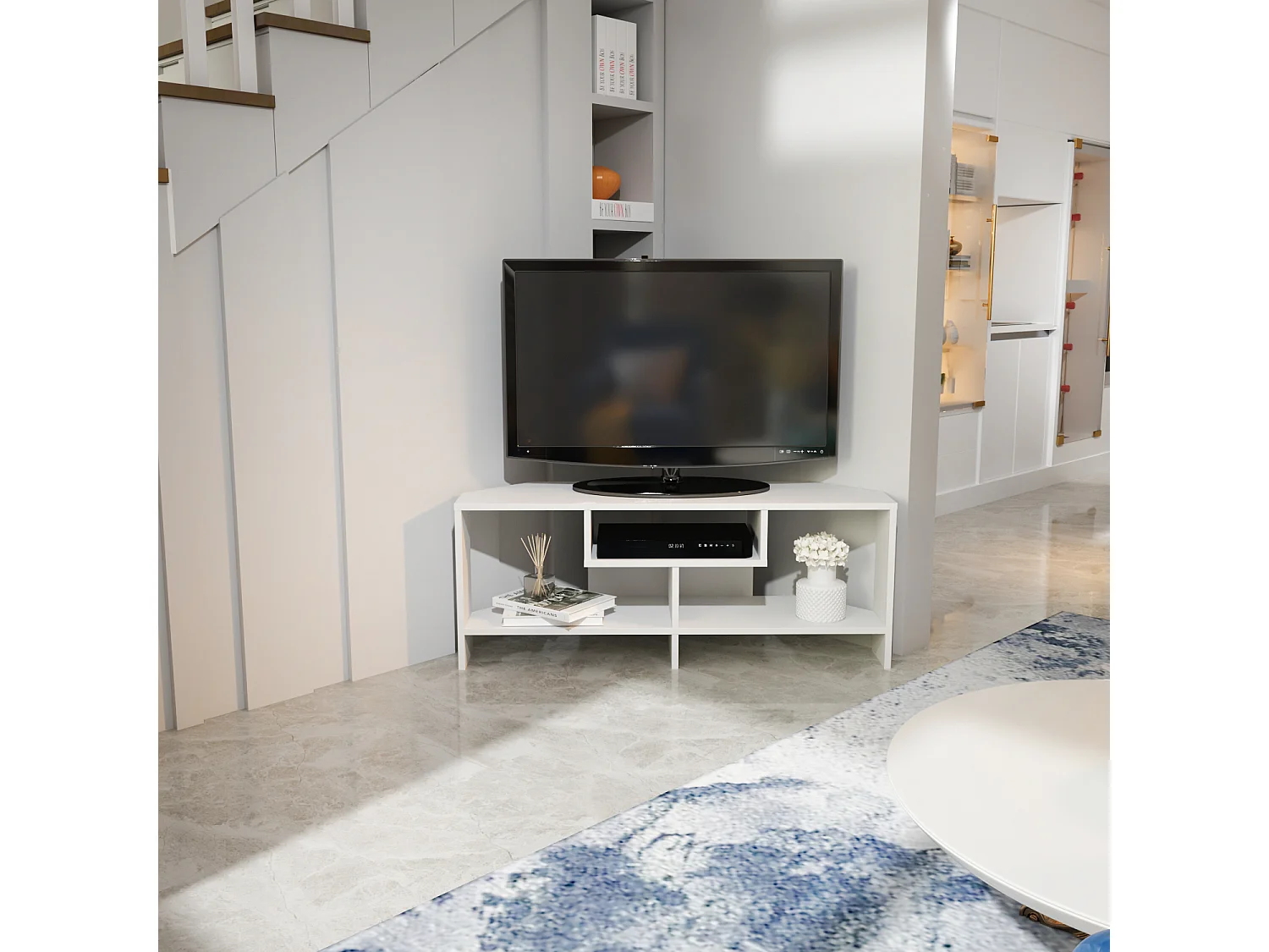 Maldiv Meuble TV d'angle 120 cm Niches Design (Blanc)