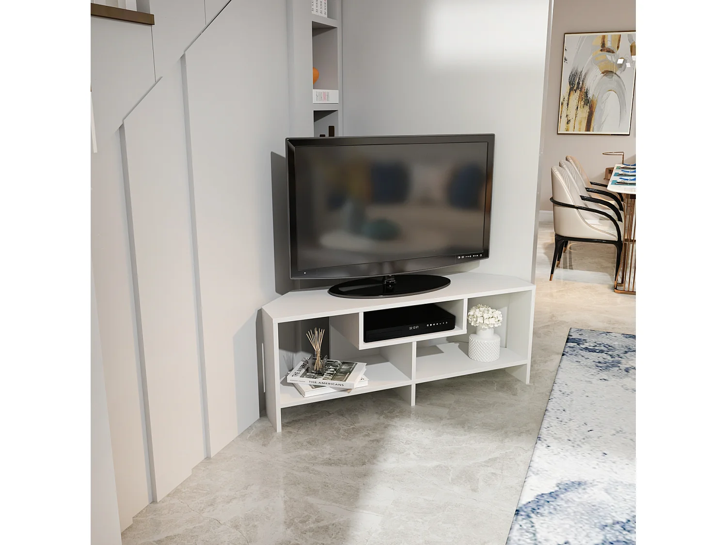 Maldiv Meuble TV d'angle 120 cm Niches Design (Blanc)