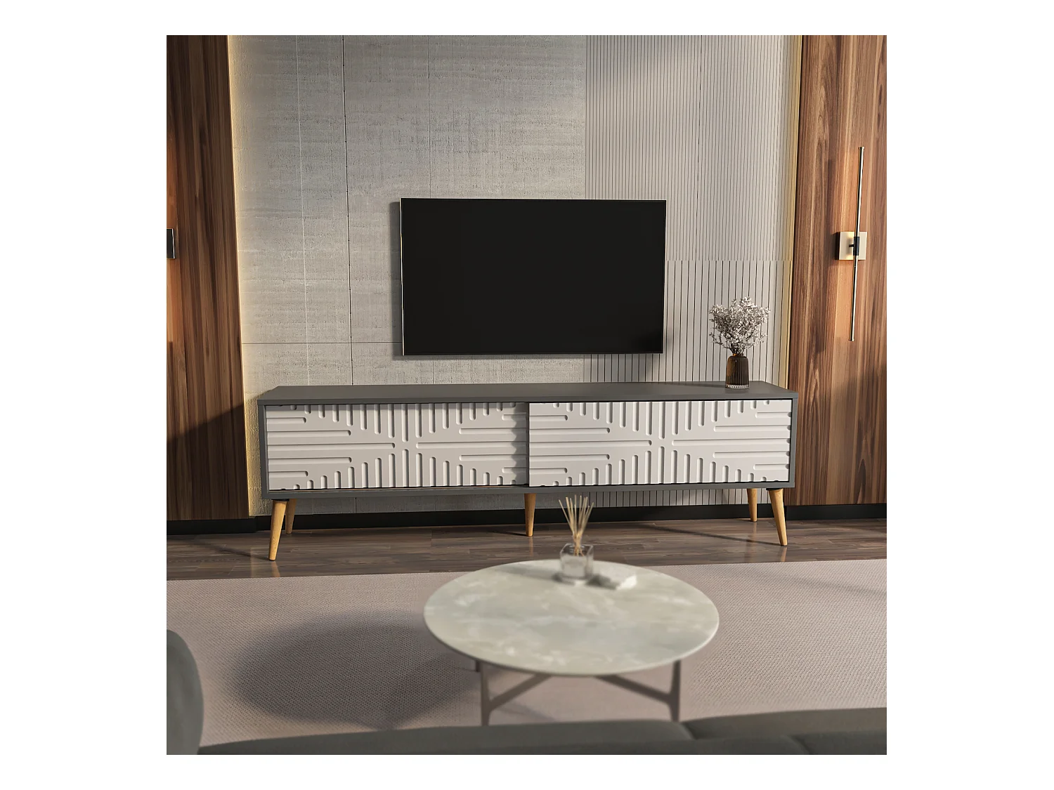 Riso Meuble TV 180 cm Portes en MDF Coulissantes (Anthracite et Blanc)