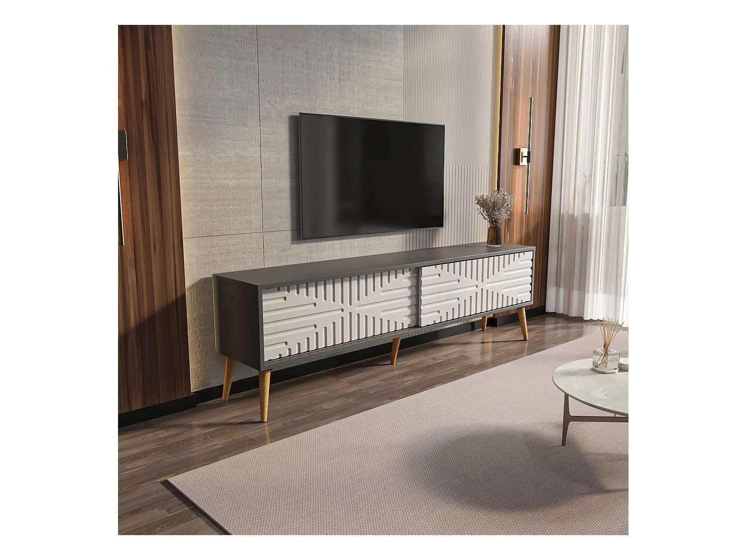 Riso Meuble TV 180 cm Portes en MDF Coulissantes (Anthracite et Blanc)