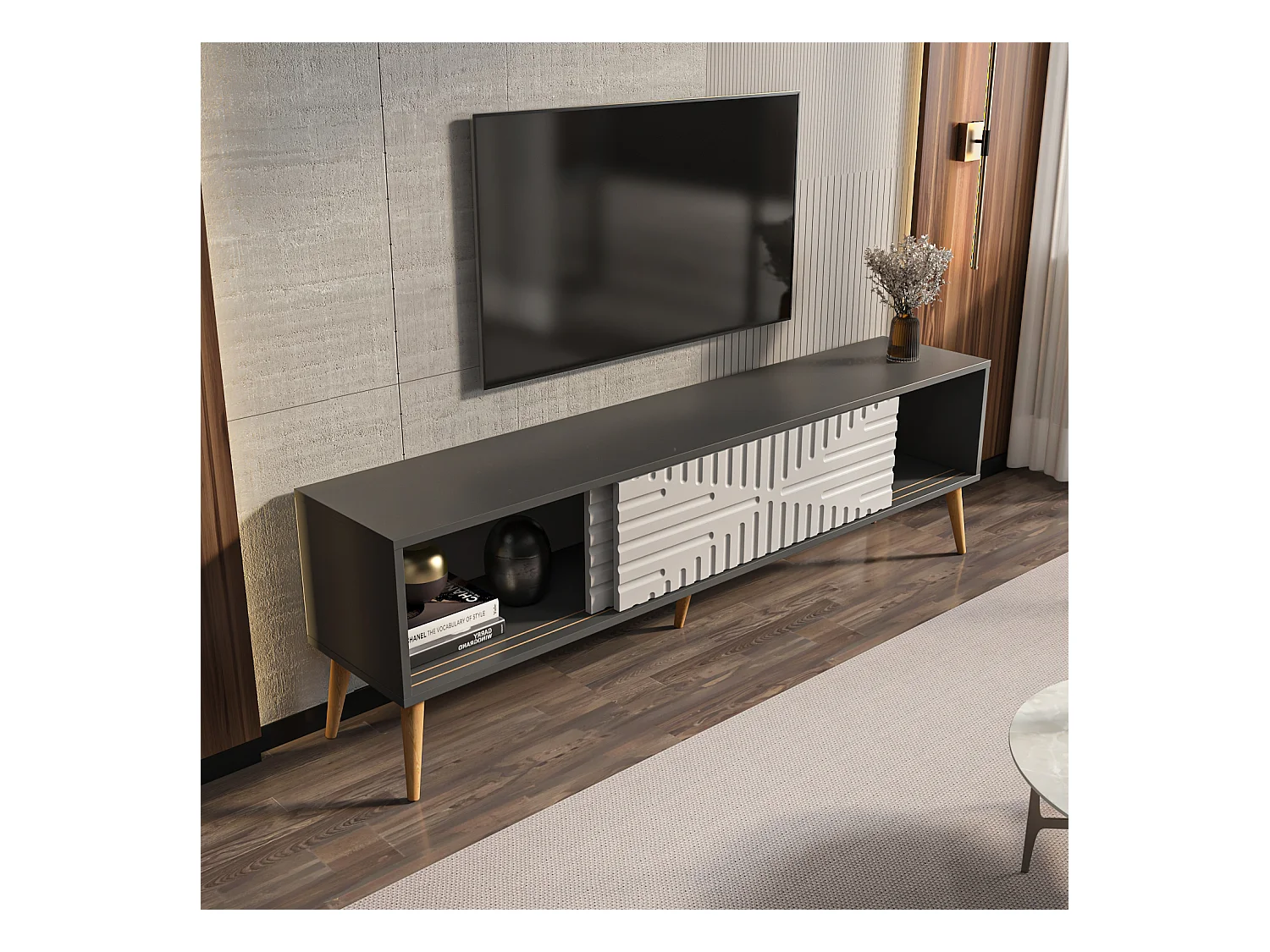 Riso Meuble TV 180 cm Portes en MDF Coulissantes (Anthracite et Blanc)