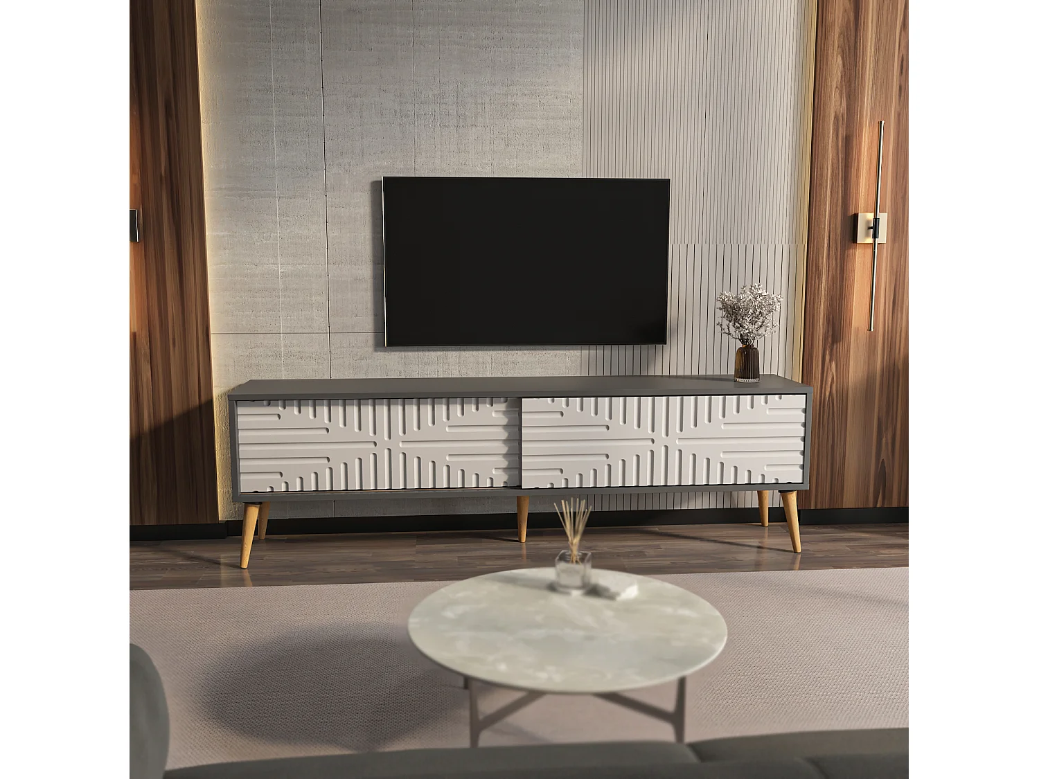 Decorotika Modern Riso TV Unit for TVs up to 81 inches with MDF Sliding Doors