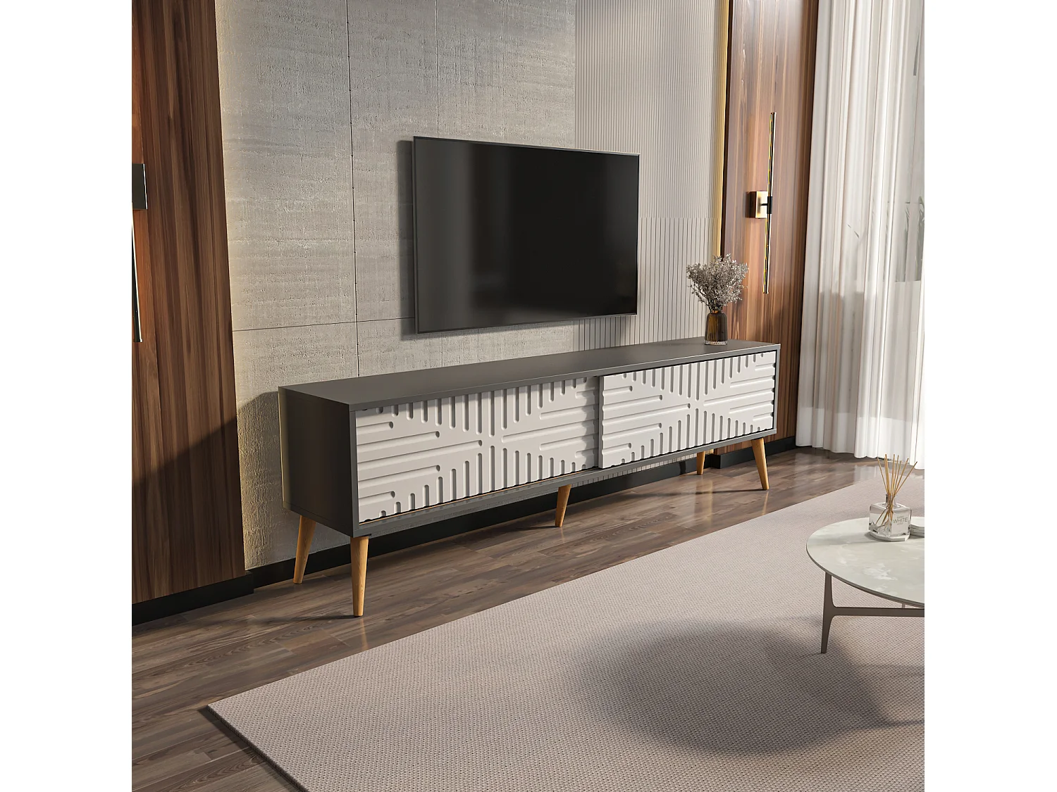 Decorotika Modern Riso TV Unit for TVs up to 81 inches with MDF Sliding Doors