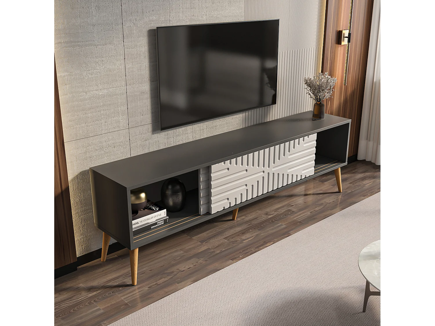 Decorotika Modern Riso TV Unit for TVs up to 81 inches with MDF Sliding Doors