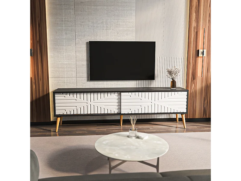 Riso Meuble TV 180 cm Portes en MDF Coulissantes (Bendire et Blanc)