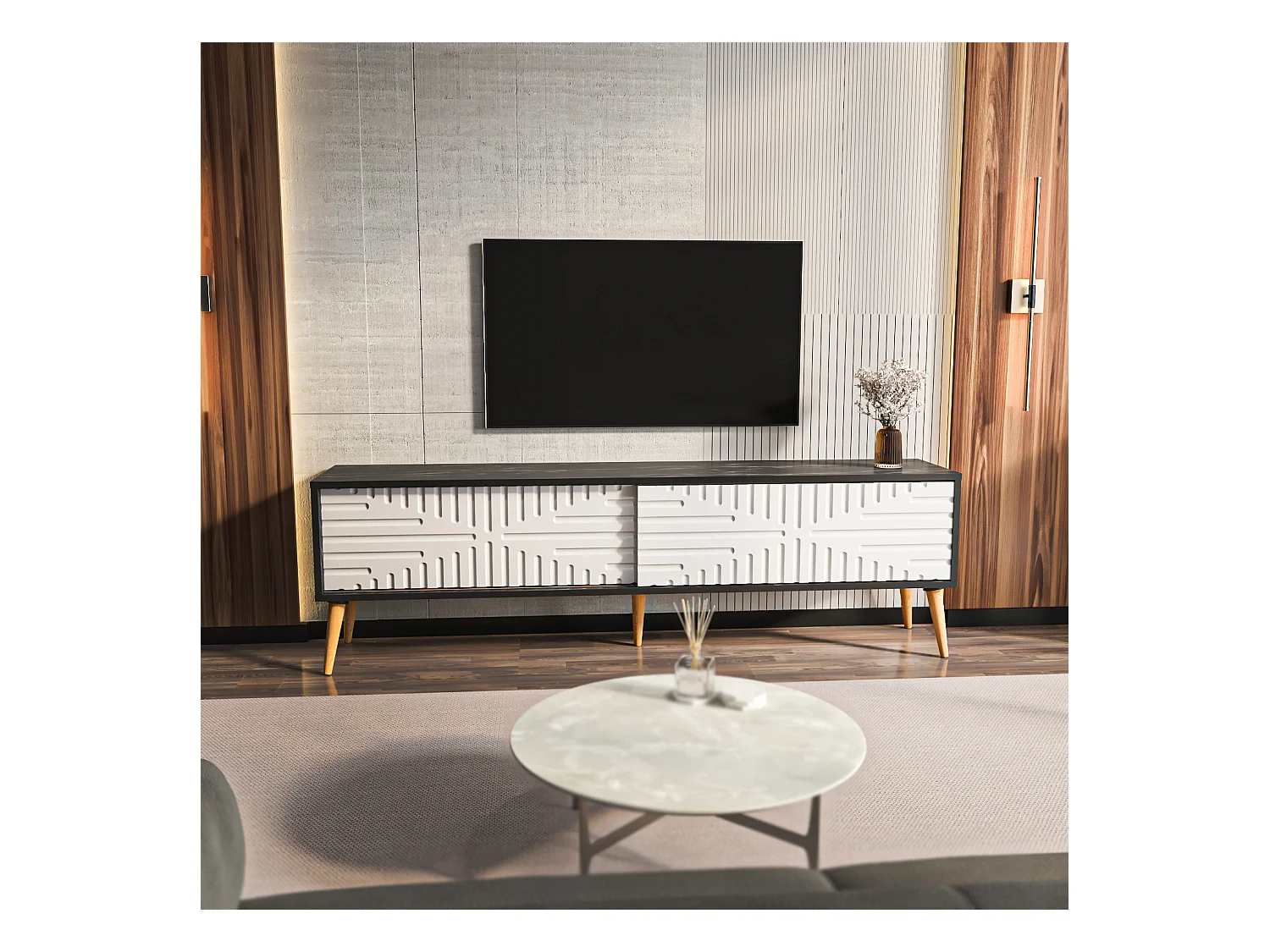 Riso Meuble TV 180 cm Portes en MDF Coulissantes (Bendire et Blanc)