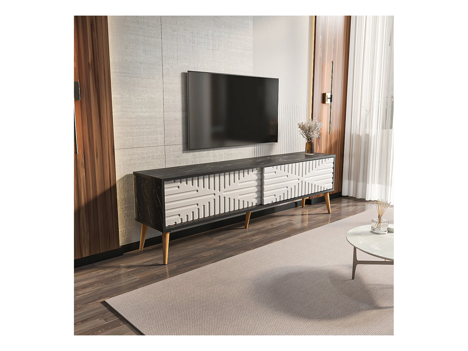 Riso Meuble TV 180 cm Portes en MDF Coulissantes (Bendire et Blanc)