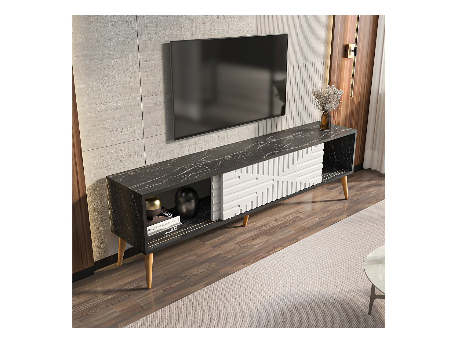 Riso Meuble TV 180 cm Portes en MDF Coulissantes (Bendire et Blanc)